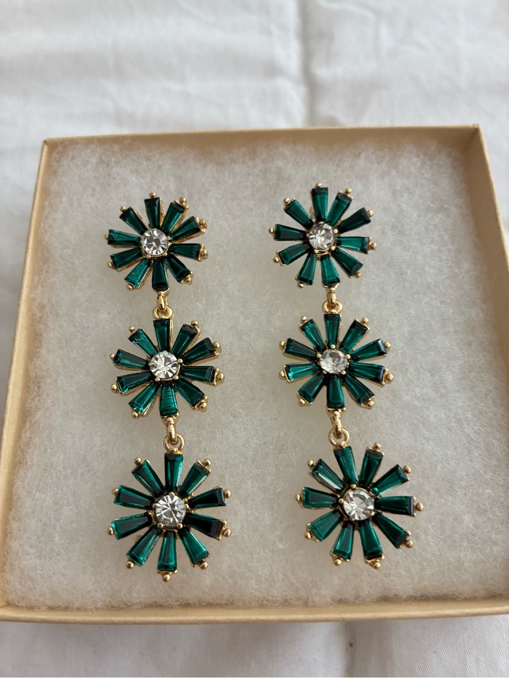 Natasha Couture Gold-Tone Emerald Green Triple-Flower Drop Earrings